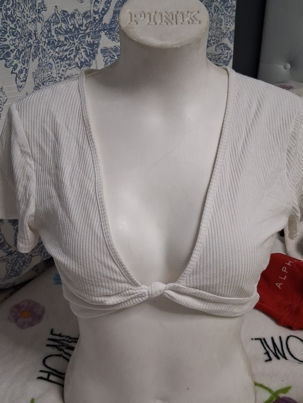 ALO Yoga White Ribbed Knot Front Crop Top